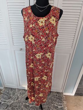 Sarin Plus New York Dress Womens 1X Vtg Red Floral Midi Sleeveless Rayon Cottage